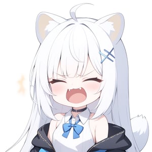 {{{masterpiece}}}, {{{best quality}}}, {{ultra-detailed}}, {beautiful detailed eyes},1girl, solo,  ((white hair)), very long hair, blue eyes, (straight hair), (bangs), animal ears, (stoat ears:1.2), Choker, ahoge, fangs, (big stoat Tail:1.2), (X hairpin), (White sleeveless collared dress, blue chest bow), (black hooded oversized jacket:1.2), (Off the shoulders), ((closed eyes)), angry, upper body,chibi emote style,chibi,emote