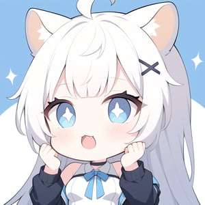 (chibi style), {{{masterpiece}}}, {{{best quality}}}, {{ultra-detailed}}, {beautiful detailed eyes},1girl, solo,  ((white hair)), very long hair, blue eyes, (straight hair), (bangs), animal ears, (stoat ears:1.2), Choker, ahoge, fangs, (big stoat Tail:1.2), (blue X hairpin), (White sleeveless collared dress, (Two-piece dress), (blue chest bow)), (black hooded oversized jacket:1.2), (Off the shoulders), 
(((>.<))), (hands on face), upper body,chibi emote style,chibi,emote, cute,Emote Chibi,,comic book
