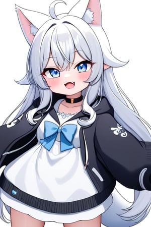 (chibi style),1girl, solo,  ((white hair)), very long hair, blue eyes, (straight hair), (bangs), animal ears, (stoat ears:1.2), Choker, ahoge, fangs, (big stoat Tail:1.2), 
(White sleeveless collared dress, blue chest bow), (black hooded oversized jacket:1.2), (Off the shoulders), looking at viewer, simple background, shirt,, white background, upper body, anime ,Anime ,girl ,cute comic