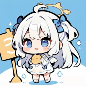  chibi, masterpiece, best quality, solo, 1girl, angel, white hair, long curly hair, (two side up), blue eyes, two blue bows on head, (Double golden halo on her head), choker, angel wings on back, ahoge, full body, cute smile, best smile, open mouth, Wearing blue and white dress, short pants, (Holding a huge stand sign), simple background,masterpiece,Chibi anime,doodle,cute comic,