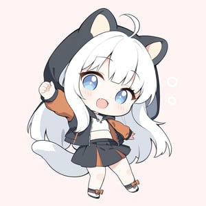 chibi, masterpiece, made by a master, 4k, perfect anatomy, perfect details, best quality, high quality, lots of detail.
(solo),1girl, ((white hair)), very long hair, blue eyes, (straight hair), (bangs), animal ears, (stoat ears:1.2), ahoge, fang, (big stoat Tail:1.2), (White sleeveless top, chest bow), (black hooded jacket, zipper halfway), black skirt, dancing, single, looking at viewer, (happy), (chuckle), (full body) ,Emote Chibi. cute comic,simple background, flat color, Cute girl,Chibi Style,chibi emote style,emote