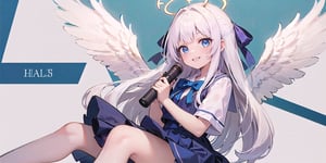  (Best Picture Quality, High Quality, Best Picture Score: 1.3), , Perfect Beauty Score: 1.5, long hair, 1girl, solo, angel, ((white hair)), long curly hair, blue eyes, (two blue ribbons on her hair), (Double golden halo on her head), (angel wings), (cute outfit), Red student uniform, miniskirt, gun in hand, beautiful, cute, best smile, masterpiece, best quality