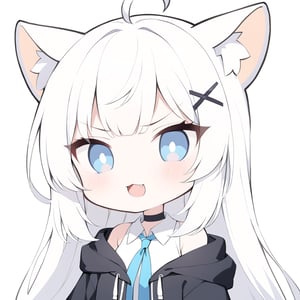 {{{masterpiece}}}, {{{best quality}}}, {{ultra-detailed}}, {beautiful detailed eyes},1girl, solo,  ((white hair)), very long hair, blue eyes, (straight hair), (bangs), animal ears, (stoat ears:1.2), Choker, ahoge, fangs, (big stoat Tail:1.2), (X hairpin), (White sleeveless collared dress, blue chest bow), (black hooded oversized jacket:1.2), (Off the shoulders),  Soot hair, twin drills hair, Soot eyes, closed eyes, angry, upper body, Soot suit,chibi emote style,chibi,emote