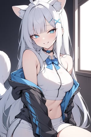 a lovely woman,Blue Clear Eyes, solo,  ((white hair)), very long hair, blue eyes, (straight hair), (bangs), animal ears, (stoat ears:1.2),
 Choker, ahoge, fangs, (big stoat Tail:1.2), (blue X hairpin), (White sleeveless collared dress, (midriff), blue chest bow), 
(black hooded oversized jacket:1.2), (jacket zipper half unzipped), (Off the shoulders), lang hair,grin,straight bangs,ahoge,masterpiece, best quality, aesthetic,hairpin,Eyes,Beautiful eyes