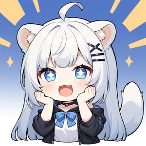 (chibi style), {{{masterpiece}}}, {{{best quality}}}, {{ultra-detailed}}, {beautiful detailed eyes},1girl, solo,  ((white hair)), very long hair, blue eyes, (straight hair), (bangs), animal ears, (stoat ears:1.2), Choker, ahoge, fangs, (big stoat Tail:1.2), (blue X hairpin), (White sleeveless collared dress, (Two-piece dress), (blue chest bow)), (black hooded oversized jacket:1.2), (Off the shoulders), (>.<), (hands on face), upper body,chibi emote style,chibi,emote, cute,Emote Chibi,,comic book