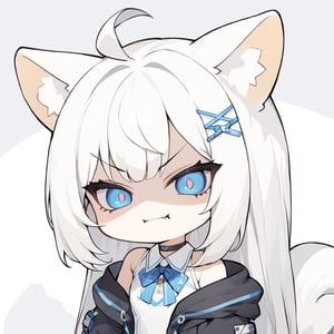 (chibi style), {{{masterpiece}}}, {{{best quality}}}, {{ultra-detailed}}, {beautiful detailed eyes},1girl, solo,  ((white hair)), very long hair, blue eyes, (straight hair), (bangs), animal ears, (stoat ears:1.2), Choker, ahoge, fangs, (big stoat Tail:1.2), (X hairpin), (White sleeveless collared dress, blue chest bow), (black hooded oversized jacket:1.2), (Off the shoulders), ((shadow face:1.2)), (angry eyes), (closed mouth), upper body,chibi emote style,chibi,emote, cute,