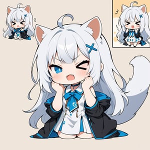 (chibi:1.3), masterpiece, made by a master, 4k, perfect anatomy, perfect details, best quality, high quality, lots of detail.
(solo),1girl, solo,  ((white hair)), very long hair, blue eyes, (straight hair), (bangs), animal ears, (stoat ears:1.2), Choker, ahoge, fangs, (big stoat Tail:1.2), (blue X hairpin), (White sleeveless collared dress, Two-piece dress, blue chest bow), (black hooded oversized jacket:1.2), (Off the shoulders),  single, (((>_<:1.4))), hands on face, (upper body) ,Emote Chibi. cute comic,simple background, flat color, Cute girl,dal,Chibi Style,lineart,comic book,Anime 