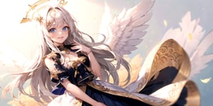  (Best Picture Quality, High Quality, Best Picture Score: 1.3), , Perfect Beauty Score: 1.5, long hair, 1girl, solo, angel, ((white hair)), long curly hair, blue eyes, (two blue ribbons on her hair), (Double golden halo on her head), (angel wings), (cute outfit), Red student uniform with bow on chest, mini skirt, gun in hand, beautiful, cute, best smile, masterpiece, best quality
