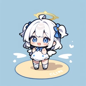  chibi, masterpiece, best quality, solo, 1girl, angel, white hair, long curly hair, (two side up), blue eyes, two blue bows on head, (Double golden halo on her head), choker, angel wings on back, ahoge, full body, cute smile, best smile, open mouth, Wearing blue and white dress, short pants, (Holding a standing sign), simple background,masterpiece,Chibi anime,doodle,cute comic