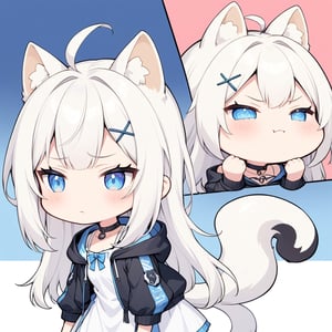 (chibi style), {{{masterpiece}}}, {{{best quality}}}, {{ultra-detailed}}, {beautiful detailed eyes},1girl, solo,  ((white hair)), very long hair, blue eyes, (straight hair), (bangs), animal ears, (stoat ears:1.2), Choker, ahoge, fangs, (big stoat Tail:1.2), (X hairpin), (White sleeveless collared dress, blue chest bow), (black hooded oversized jacket:1.2), (Off the shoulders), (sad), (frustrated), ((closed eyes)), (T.T), (closed mouth), upper body,chibi emote style,chibi,emote, cute,comic book,
