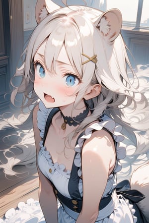  {{{masterpiece}}}, {{{best quality}}}, {{ultra-detailed}}, {beautiful detailed eyes}, 1girl, solo,  ((white hair)), very long hair, blue eyes, (straight hair), (bangs), animal ears, (stoat ears:1.2), Choker, ahoge, fang, (big stoat Tail:1.2), (X hairpin), (cute maid outfit), shocked ,girl ,aesthetic,Eyes