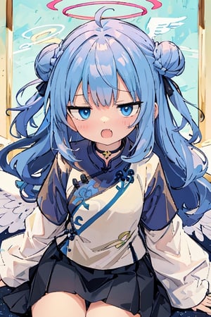 cute, (masterpiece), (best quality), thin, Flatchested, 1girl, angel, white hair, long curly hair, (two side up), blue eyes,  (curly hair:1.2), (wavy hair), (hair curls)
, (bangs), (two side up), two blue hair ties on head, (Double golden halo on her head), bowtie choker, angel wings, ahoge, fang, solo, (bun hair) , fantai12, (black skirt), (pink cheongsam), (messy hair),fantai12, expression,female,best quality