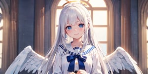  (Best Picture Quality, High Quality, Best Picture Score: 1.3), , Perfect Beauty Score: 1.5, long hair, 1girl, solo, angel, ((white hair)), long curly hair, blue eyes, (two blue ribbons on her hair), (Double golden halo on her head), (angel wings), (cute outfit), Wearing a sailor suit, putting on makeup, looking at the camera, beautiful, cute, best smile, masterpiece, best quality,masterpiece,best quality