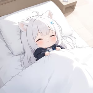 (Chibi style), (chibi:1.3), masterpiece, made by a master, 4k, perfect anatomy, perfect details, best quality, high quality, lots of detail.
(solo),1girl, solo,  ((white hair)), very long hair, blue eyes, (straight hair), (bangs), animal ears, (stoat ears:1.2), Choker, ahoge, fangs, (big stoat Tail:1.2), (blue X hairpin), (White sleeveless collared dress, Two-piece dress, blue chest bow), (black hooded oversized jacket:1.2), (Off the shoulders), single, happy, smile, :3, spoken heart, futon, pillow, closed eyes, bed, sleeping, lying, under covers, blanket, (full body) ,Emote Chibi. cute comic, Cute girl,dal,Chibi Style,