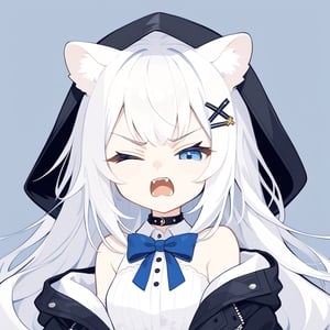 {{{masterpiece}}}, {{{best quality}}}, {{ultra-detailed}}, {beautiful detailed eyes},1girl, solo,  ((white hair)), very long hair, blue eyes, (straight hair), (bangs), animal ears, (stoat ears:1.2), Choker, ahoge, fangs, (big stoat Tail:1.2), (X hairpin), (White sleeveless collared dress, blue chest bow), (black hooded oversized jacket:1.2), (Off the shoulders), ((closed eyes)), angry, upper body,chibi emote style,chibi,emote,
