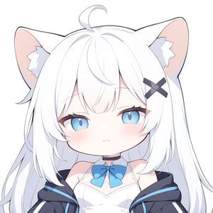 (chibi style), {{{masterpiece}}}, {{{best quality}}}, {{ultra-detailed}}, {beautiful detailed eyes},1girl, solo,  ((white hair)), very long hair, blue eyes, (straight hair), (bangs), animal ears, (stoat ears:1.2), Choker, ahoge, fangs, (big stoat Tail:1.2), (X hairpin), (White sleeveless collared dress, blue chest bow), (black hooded oversized jacket:1.2), (Off the shoulders), (sad), (frustrated), ((closed eyes)), (T.T), (closed mouth), upper body,chibi emote style,chibi,emote, cute,comic book,