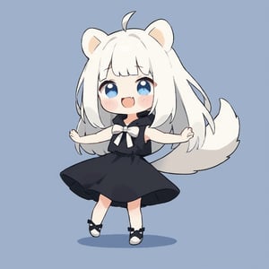 chibi, masterpiece, made by a master, 4k, perfect anatomy, perfect details, best quality, high quality, lots of detail.
(solo),1girl, ((white hair)), very long hair, blue eyes, (straight hair), (bangs), animal ears, (stoat ears:1.2), ahoge, fang, (big stoat Tail:1.2), (White sleeveless two piece dress, chest bow), (black hooded jacket,), black skirt, dancing, single, looking at viewer, (happy), (chuckle), (full body) ,Emote Chibi. cute comic,simple background, flat color, Cute girl,Chibi Style,chibi emote style, chibi style