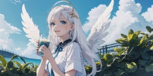  (Best Picture Quality, High Quality, Best Picture Score: 1.3), , Perfect Beauty Score: 1.5, long hair, 1girl, solo, angel, ((white hair)), long curly hair, blue eyes, two blue ribbons on her hair, (Double golden halo on her head), (angel wings), (cute outfit), summer clothing, beautiful, cute, best smile, holding a cup of water, masterpiece, best quality,better_hands