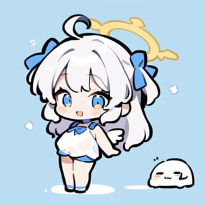  chibi, masterpiece, best quality, solo, 1girl, angel, white hair, long curly hair, (two side up), blue eyes, two blue bows on head, (Double golden halo on her head), choker, angel wings on back, ahoge, full body, cute smile, best smile, open mouth, Wearing blue and white dress, short pants, (a huge Blank stand), simple background,masterpiece,Chibi anime,doodle,cute comic,Line Chibi yellow