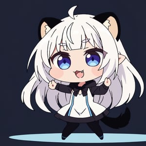 chibi, masterpiece, made by a master, 4k, perfect anatomy, perfect details, best quality, high quality, lots of detail.
(solo),1girl, ((white hair)), very long hair, blue eyes, (straight hair), (bangs), animal ears, (stoat ears:1.2), ahoge, fang, (big stoat Tail:1.2), (White sleeveless two piece dress, chest bow), (black hooded jacket,), black skirt, dancing, single, looking at viewer, (happy), (chuckle), (full body) ,Emote Chibi. cute comic,simple background, flat color, Cute girl,Chibi Style,chibi emote style,fine anime screencap_xl