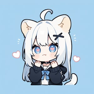 (chibi style), {{{masterpiece}}}, {{{best quality}}}, {{ultra-detailed}}, {beautiful detailed eyes},1girl, solo,  ((white hair)), very long hair, blue eyes, (straight hair), (bangs), animal ears, (stoat ears:1.2), Choker, ahoge, fangs, (big stoat Tail:1.2), (blue X hairpin), (White sleeveless collared dress, (Two-piece dress), (blue chest bow)), (black hooded oversized jacket:1.2), (Off the shoulders), (>.<), (heart eyes:1.3), (hands on face), upper body,chibi emote style,chibi,emote, cute,Emote Chibi,anime,cute comic,flat style