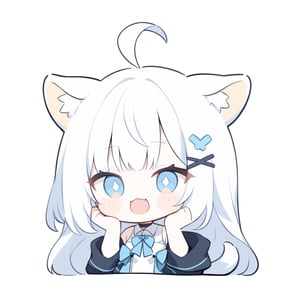(chibi style), {{{masterpiece}}}, {{{best quality}}}, {{ultra-detailed}}, {beautiful detailed eyes},1girl, solo,  ((white hair)), very long hair, blue eyes, (straight hair), (bangs), animal ears, (stoat ears:1.2), Choker, ahoge, fangs, (big stoat Tail:1.2), (blue X hairpin), (White sleeveless collared dress, (Two-piece dress), (blue chest bow)), (black hooded oversized jacket:1.2), (Off the shoulders), (>.<), (hands on face), upper body,chibi emote style,chibi,emote, cute,Emote Chibi,anime,cute comic,flat style