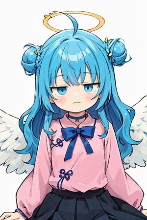 cute, (masterpiece), (best quality), thin, Flatchested, 1girl, angel, white hair, long curly hair, (two side up), blue eyes,  (curly hair:1.2), (wavy hair), (hair curls)
, (bangs), (two side up), two blue hair ties on head, (Double golden halo on her head), bowtie choker, angel wings, ahoge, fang, solo, (bun hair) , fantai12, (black skirt), (pink cheongsam), (messy hair),fantai12, expression,female,best quality,masterpiece