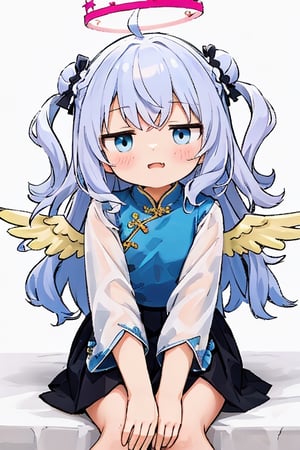 cute, (masterpiece), (best quality), thin, Flatchested, 1girl, angel, ((white hair)), long curly hair, (two side up), blue eyes,  (curly hair:1.2), (wavy hair), (hair curls)
, (bangs), (two side up), two blue hair ties on head, (Double golden halo on her head), bowtie choker, angel wings, ahoge, fang, solo, (bun hair) , fantai12, (black skirt), (pink cheongsam), (messy hair),fantai12, expression,female,best quality,masterpiece