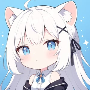 (chibi style), {{{masterpiece}}}, {{{best quality}}}, {{ultra-detailed}}, {beautiful detailed eyes},1girl, solo,  ((white hair)), very long hair, blue eyes, (straight hair), (bangs), animal ears, (stoat ears:1.2), Choker, ahoge, fangs, (big stoat Tail:1.2), (X hairpin), (White sleeveless collared dress, blue chest bow), (black hooded oversized jacket:1.2), (Off the shoulders), ((closed eyes)), (T.T), (closed mouth), upper body,chibi emote style,chibi,emote, cute,comic book,