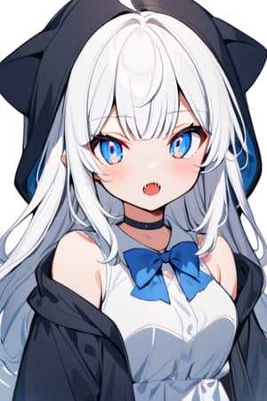 1girl, solo,  ((white hair)), very long hair, blue eyes, (straight hair), (bangs), animal ears, (stoat ears:1.2), Choker, ahoge, fangs, (big stoat Tail:1.2), 
(White sleeveless collared dress, blue chest bow), (black hooded oversized jacket:1.2), (Off the shoulders), looking at viewer, simple background, shirt,, white background, upper body, anime ,Anime ,girl ,cute comic