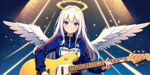 (Best Picture Quality, High Quality, Best Picture Score: 1.3), , Perfect Beauty Score: 1.5, long hair, 1girl, solo, angel, ((white hair)), long curly hair, blue eyes, (two blue ribbons on her hair), (Double golden halo on her head), (angel wings), (cute outfit), Wearing sportswear suit, playing electric guitar, beautiful, cute, best smile, masterpiece, best quality,masterpiece