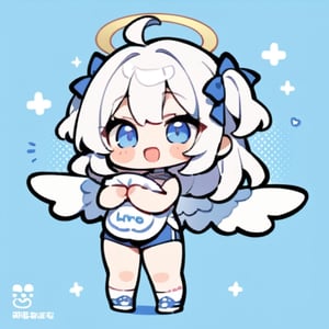  chibi, masterpiece, best quality, solo, 1girl, angel, white hair, long curly hair, (two side up), blue eyes, two blue bows on head, (Double golden halo on her head), choker, angel wings on back, ahoge, full body, cute smile, best smile, open mouth, Wearing blue and white dress, short pants, (Holding a huge sign), simple background,masterpiece,Chibi anime,doodle,cute comic