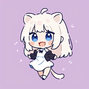 chibi, masterpiece, made by a master, 4k, perfect anatomy, perfect details, best quality, high quality, lots of detail.
(solo),1girl, ((white hair)), very long hair, blue eyes, (straight hair), (bangs), animal ears, (stoat ears:1.2), ahoge, fang, (big stoat Tail:1.2), (White sleeveless top, chest bow), black hooded jacket, Off the shoulders, exposed belly, dancing, single, looking at viewer, (happy), (chuckle), (full body) ,Emote Chibi. cute comic,simple background, flat color, Cute girl,Chibi Style,chibi emote style,cute comic,emote