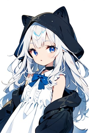 1girl, solo,  ((white hair)), very long hair, blue eyes, (straight hair), (bangs), animal ears, (stoat ears:1.2), Choker, ahoge, fangs, (big stoat Tail:1.2), 
(White sleeveless collared dress, blue chest bow), (black hooded oversized jacket:1.2), (Off the shoulders), looking at viewer, simple background, shirt,, white background, upper body, anime ,Anime ,girl ,cute comic