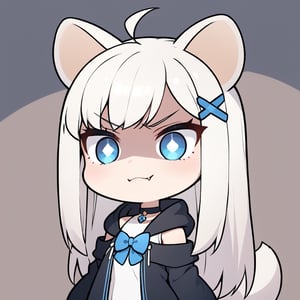 (chibi style), {{{masterpiece}}}, {{{best quality}}}, {{ultra-detailed}}, {beautiful detailed eyes},1girl, solo,  ((white hair)), very long hair, blue eyes, (straight hair), (bangs), animal ears, (stoat ears:1.2), Choker, ahoge, fangs, (big stoat Tail:1.2), (X hairpin), (White sleeveless collared dress, blue chest bow), (black hooded oversized jacket:1.2), (Off the shoulders), ((shadow face:1.2)), (angry eyes), (closed mouth), upper body,chibi emote style,chibi,emote, cute,