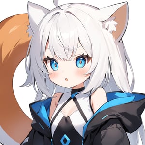 {{{masterpiece}}}, {{{best quality}}}, {{ultra-detailed}}, {beautiful detailed eyes},1girl, solo,  ((white hair)), very long hair, blue eyes, (straight hair), (bangs), animal ears, (stoat ears:1.2), Choker, ahoge, fangs, (big stoat Tail:1.2), (X hairpin), (White sleeveless collared dress, blue chest bow), (black hooded oversized jacket:1.2), (Off the shoulders), ((closed eyes)), angry, upper body, Soot suit,chibi emote style,chibi,emote