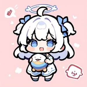  chibi, masterpiece, best quality, solo, 1girl, angel, white hair, long curly hair, (two side up), blue eyes, two blue bows on head, (Double golden halo on her head), choker, angel wings on back, ahoge, full body, cute smile, best smile, open mouth, Wearing blue and white dress, short pants, (Holding a huge sign), simple background,masterpiece,Chibi anime,doodle,cute comic,cutegirlmix