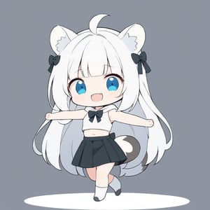 chibi, masterpiece, made by a master, 4k, perfect anatomy, perfect details, best quality, high quality, lots of detail.
(solo),1girl, ((white hair)), very long hair, blue eyes, (straight hair), (bangs), animal ears, (stoat ears:1.2), ahoge, fang, (big stoat Tail:1.2), (White sleeveless two piece dress, chest bow), (black hooded jacket,), black skirt, dancing, single, looking at viewer, (happy), (chuckle), (full body) ,Emote Chibi. cute comic,simple background, flat color, Cute girl,Chibi Style,chibi emote style, chibi style