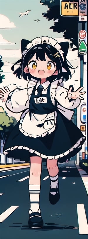 This character is a playful zombie maid with a black hair and cat ears. She's seen outdoors, grinning with an open mouth while running along a road or highway. She has grey skin, visible stitches, and a maid apron and headdress. Her yellow eyes add a unique touch to her character,cartoon