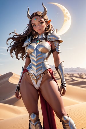 A majestic Minotaur woman stands tall in the scorching desert landscape, her curvaceous figure clad in intricately designed armor that accentuates her feminine features. Golden sand dunes stretch out behind her, with a crescent moon hanging low in the sky. Her horned headpiece shines with a subtle sheen, as she confidently poses with one hand resting on the hilt of her sword, her piercing gaze seeming to dare the viewer to approach. The warm desert sunlight casts a flattering glow on her armor, highlighting the intricate engravings that adorn it.
