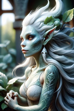A masterpiece of a scene depicting agothic sexy curvy Troll woman, with tribal tattoos, sexy medieval clothes, inspired by Nordic folklore and Norse mythology in a plant house. goblin ears. ((((emo pale white porcelain skin. ))))Fantasy art.,dragon,DonMB4nsh33XL 