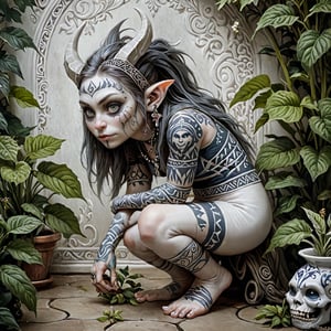  A masterpiece of a scene depicting agothic sexy Troll woman, with tribal tattoos, sexy medieval clothes, inspired by Nordic folklore and Norse mythology in a plant house. goblin ears. squat position((((emo pale white porcelain skin. ))))Fantasy art.