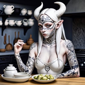 masterpiece of a scene depicting a gothic goddess monster queen woman, with ((((tribal tattoos)))), goblin ears. (((sexy medieval clothes))), inspired by Nordic folklore and Norse mythology cooking in a medieval kitchen. ((((emo pale white porcelain skin. ))))