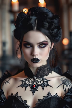  Master piece. Close up portrait of female vampire, hissing with((( big vampire fangs))), intricate details, creepy. gothic.(((emo white skin))). gothic. tattoos. (((black hair))).(((black lips))).,klee (genshin impact). the scene takes place in gothic chateau.