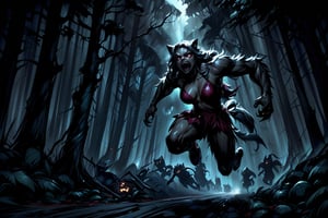 Female werewolf running through a haunted forest.
