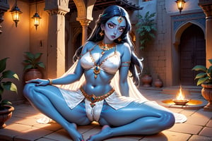 A sultry and passionate depiction of a majestic Kali, her piercing blue skin glistening in the warm torchlight of a medieval Indian courtyard. She sits cross-legged, her curves accentuated by the flowing white sari wrapped around her powerful physique. A fearsome monster, its eyes glowing with an otherworldly intensity, cowers at her feet. The rich colors and textures of the decort's intricate stone carvings provide a dramatic backdrop for this stunning depiction of the fierce goddess.