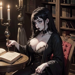  Masterpiece sexy, curvy, (((gothic pale white skin vampire))). (((black hair)))). reading ancient magic books, in a old dungeon, candles light on table. fantasy magical atmosphere, medieval style, nordic style, old library. chateau scene.