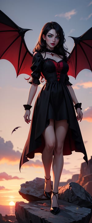 Generates a high quality image, masterpiece, extreme details, ultra definition, extreme realism, high quality lighting, 16k UHD, a beautiful young vampire woman, long black hair, beautiful real eyes, vampire fangs, black vampire dress, ((red vampire wings and black)), standing on a rock, sunset,DonMR31nd33r