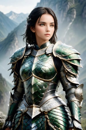 a young warrior, black hair, real  eyes, hard armor of intricate scale details, standing in a mountainous landscape, with a valley in the background, 16k UHD, extreme realism, maximum definitions, ultra detail,photo r3al, ,dragon armor