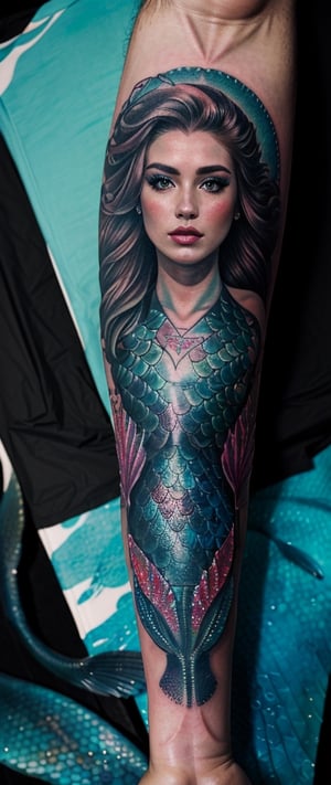 Generates a high quality image, masterpiece, extreme details, ultra definition, extreme realism, high quality lighting, 16k UHD, (((an detailed mermaid tattoo on her arm))), focus close to the arm